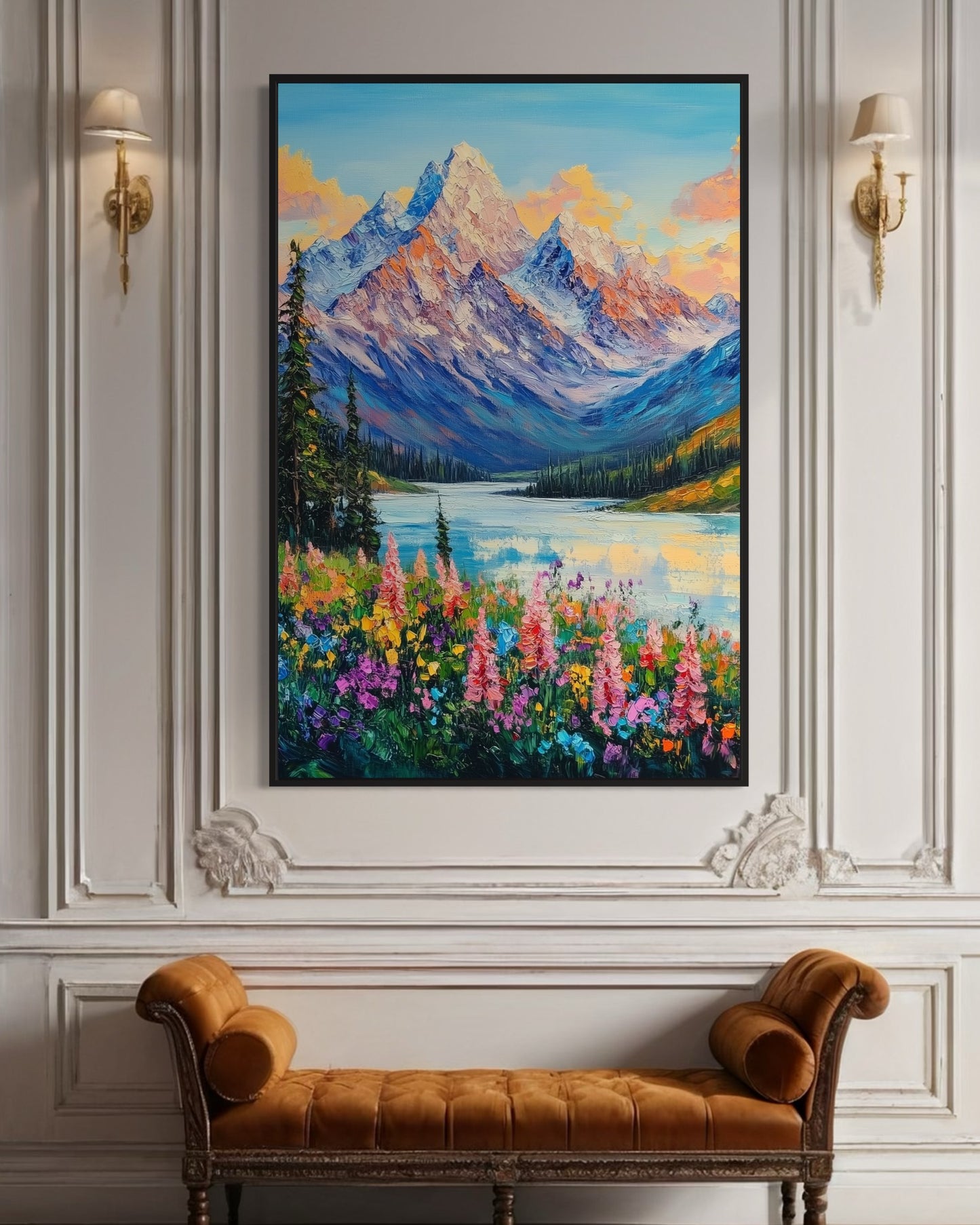 Sunset Over Floral Meadow and Mountains - Serene Landscape Oil Art