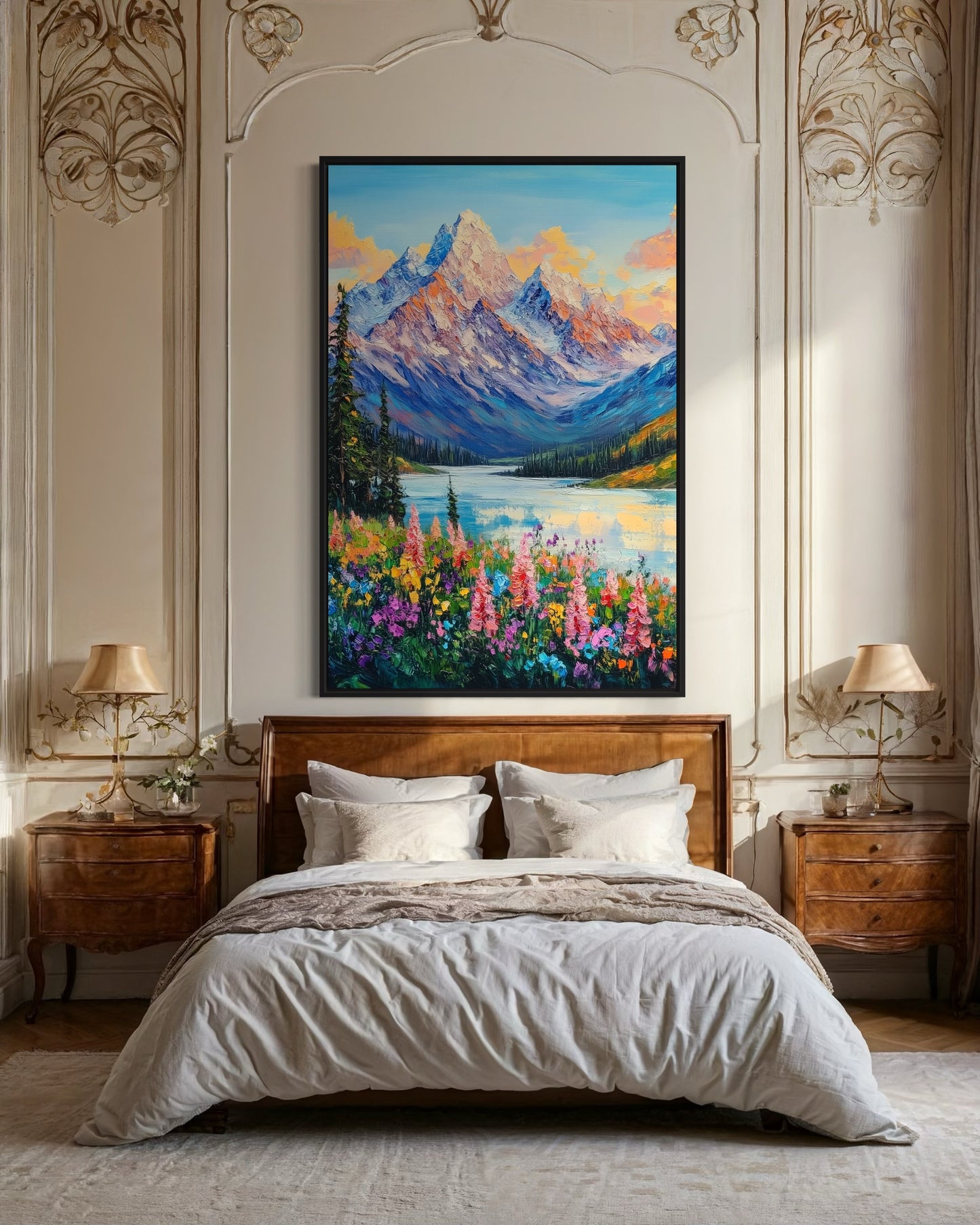 Sunset Over Floral Meadow and Mountains - Serene Landscape Oil Art