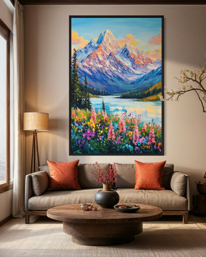 Sunset Over Floral Meadow and Mountains - Serene Landscape Oil Art