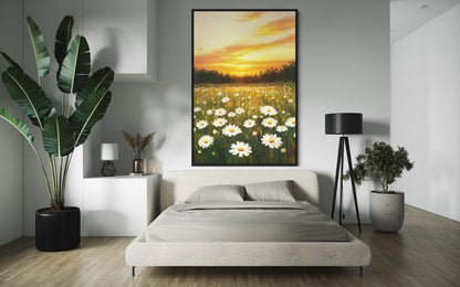 Golden Sunset Over Daisy Field - Blooming Wildflower Landscape Painting