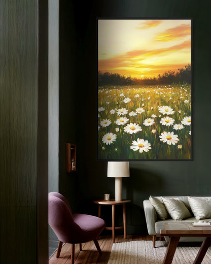 Golden Sunset Over Daisy Field - Blooming Wildflower Landscape Painting