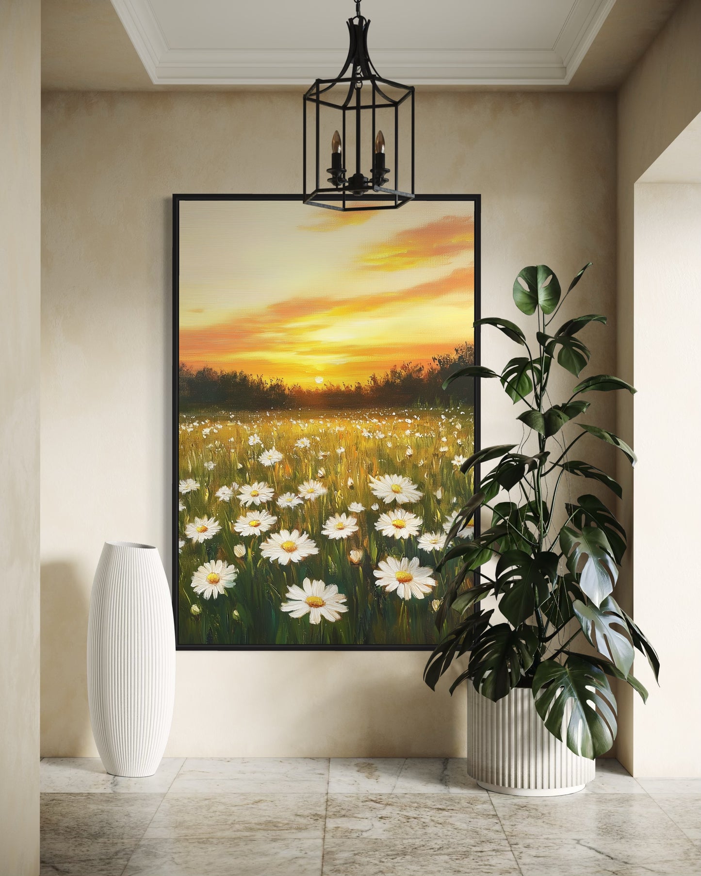 Golden Sunset Over Daisy Field - Blooming Wildflower Landscape Painting