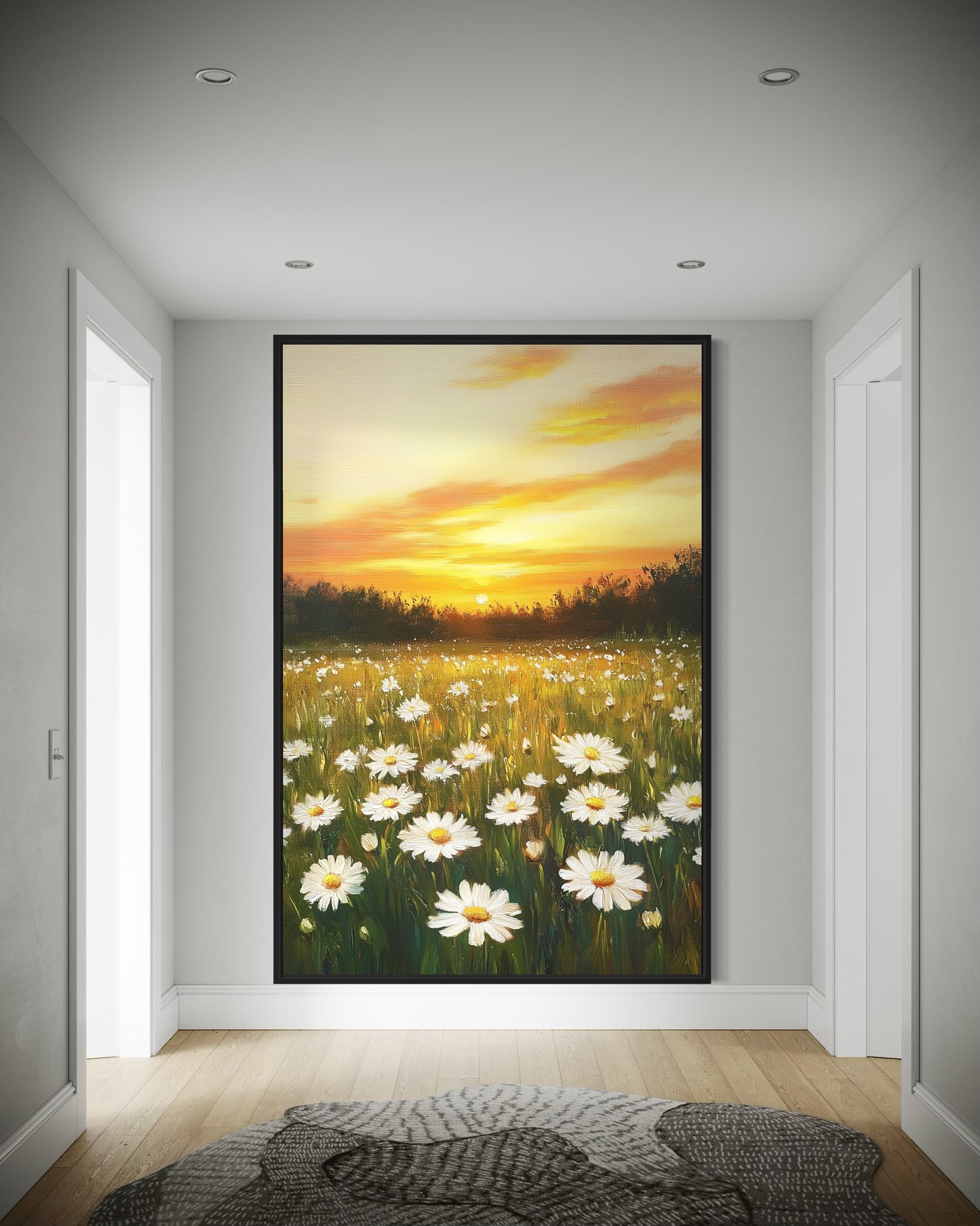 Golden Sunset Over Daisy Field - Blooming Wildflower Landscape Painting