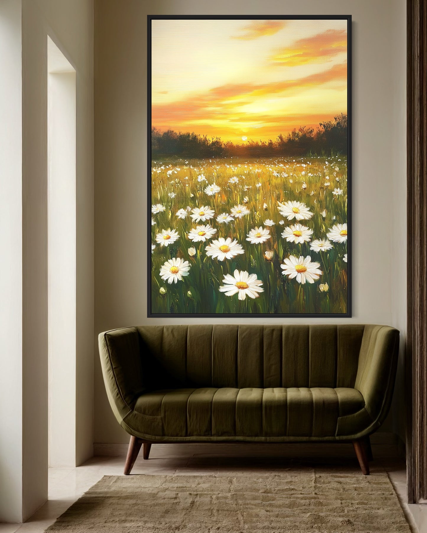 Golden Sunset Over Daisy Field - Blooming Wildflower Landscape Painting