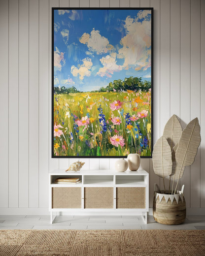 Spring Wildflower Meadow Under Blue Sky - Colorful Impressionist Art