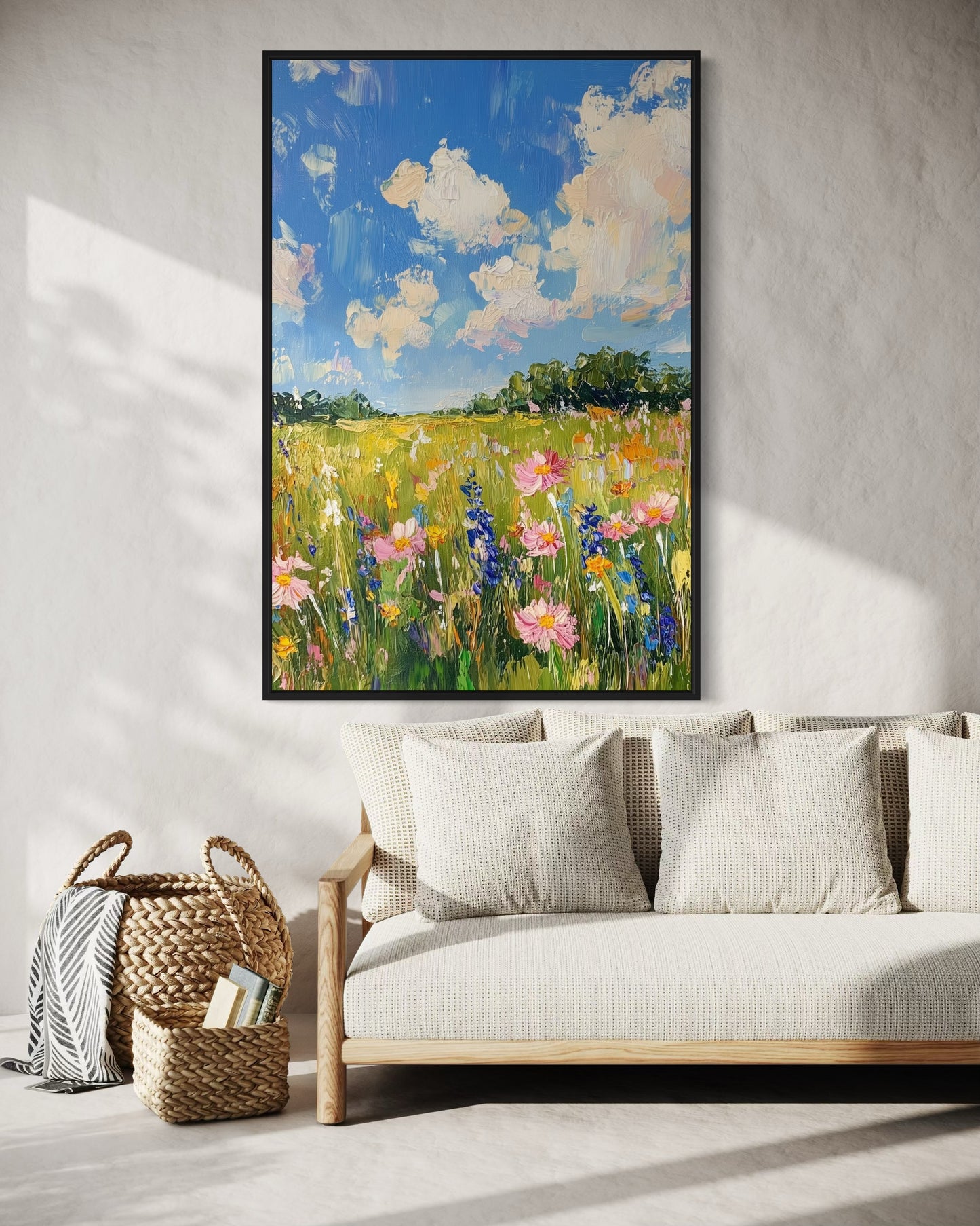 Spring Wildflower Meadow Under Blue Sky - Colorful Impressionist Art