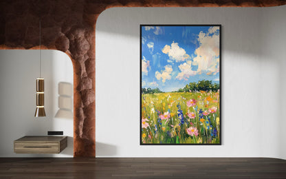 Spring Wildflower Meadow Under Blue Sky - Colorful Impressionist Art