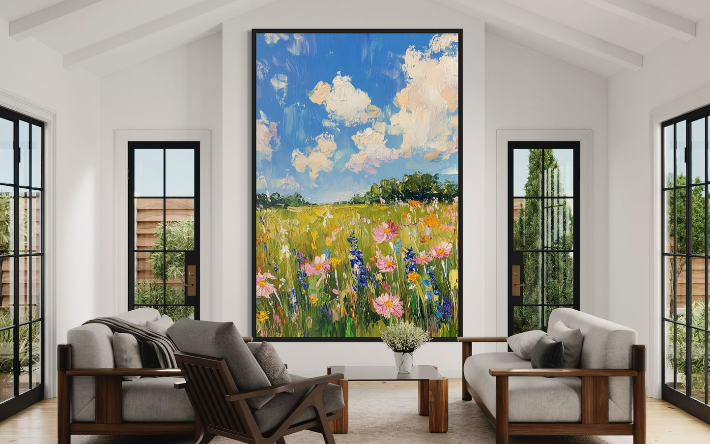 Spring Wildflower Meadow Under Blue Sky - Colorful Impressionist Art