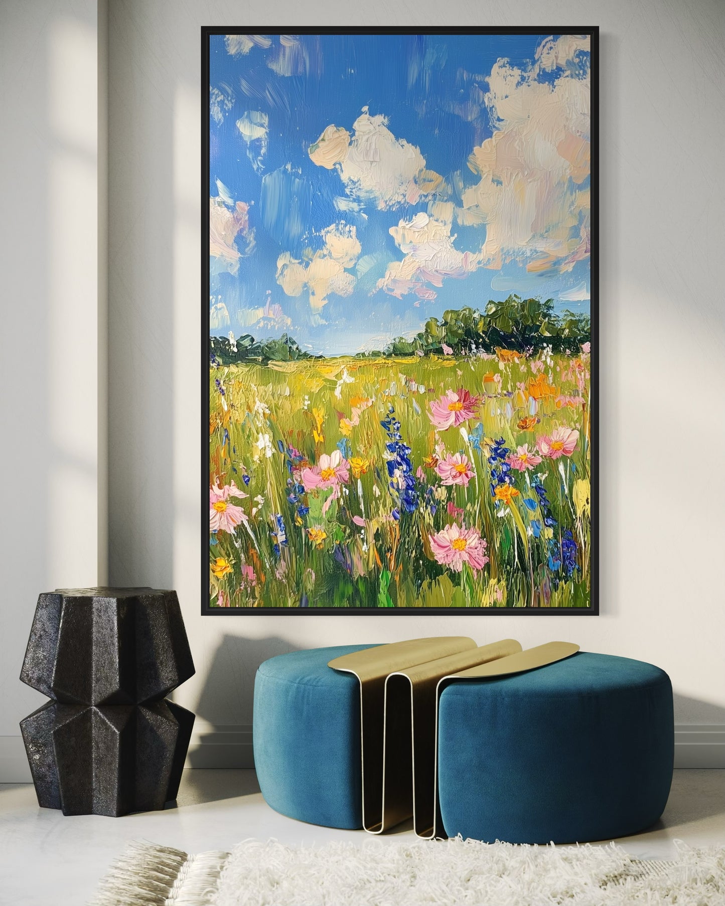 Spring Wildflower Meadow Under Blue Sky - Colorful Impressionist Art