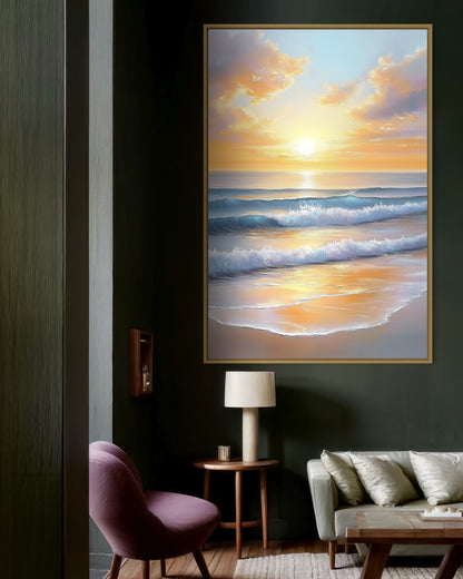 Sunlit Ocean Waves - Luminous Beach Sunrise Painting