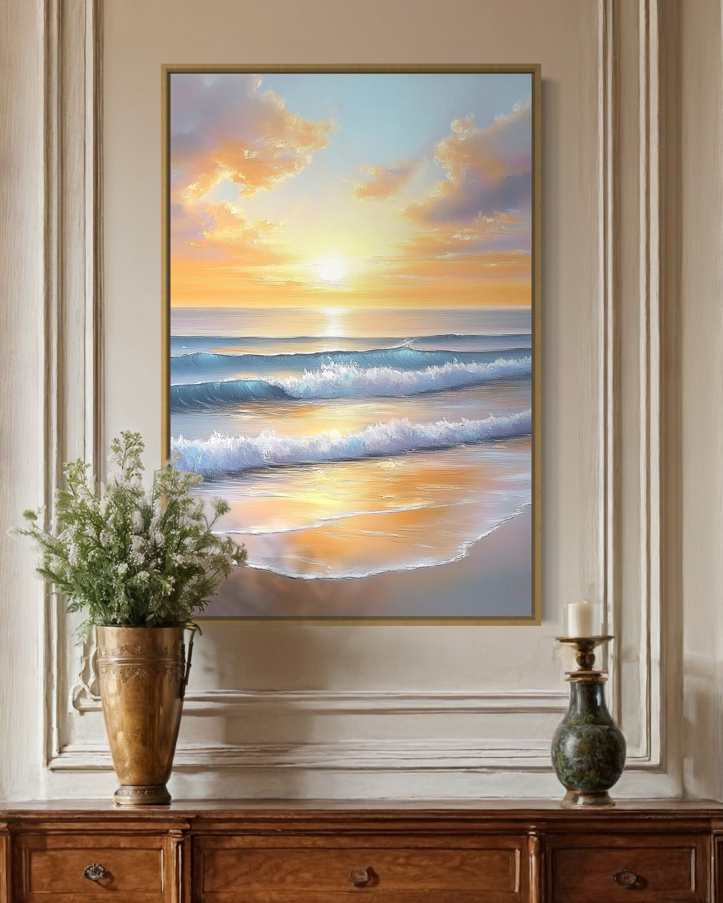 Sunlit Ocean Waves - Luminous Beach Sunrise Painting