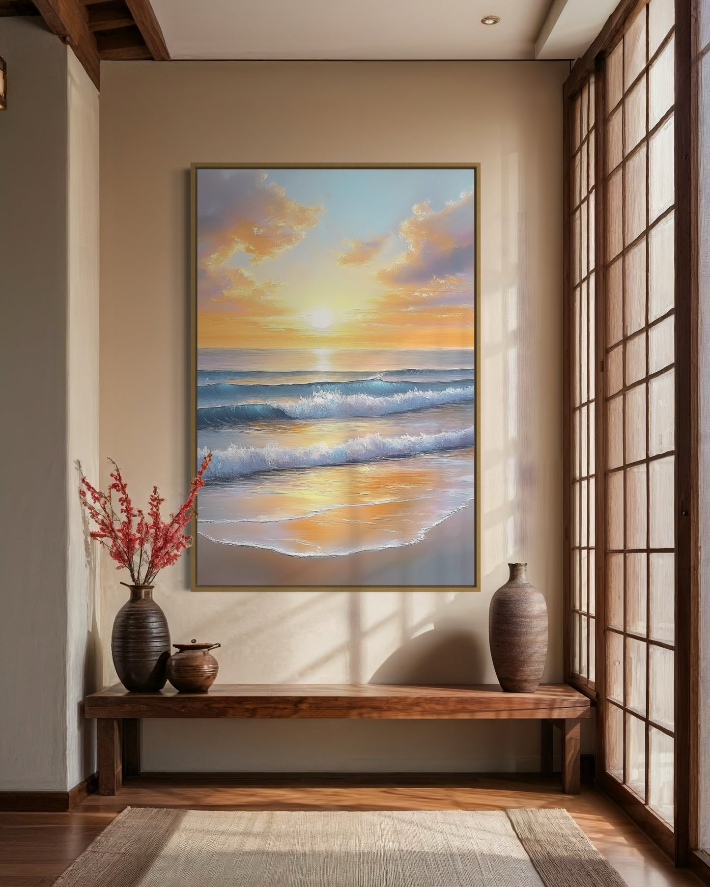 Sunlit Ocean Waves - Luminous Beach Sunrise Painting