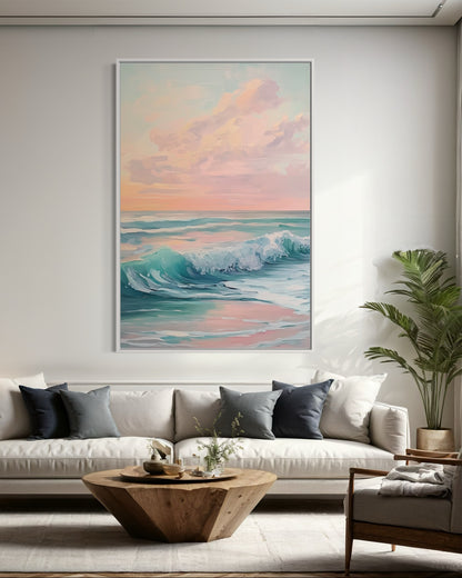 Golden Sunset Over Waves - Serene Ocean Painting with Soft Hues