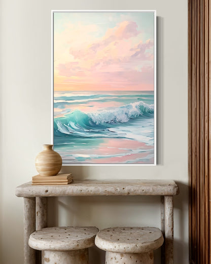 Golden Sunset Over Waves - Serene Ocean Painting with Soft Hues