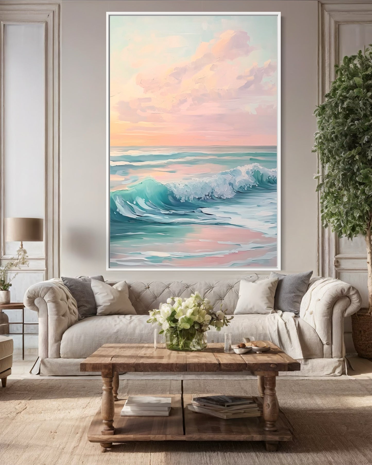 Golden Sunset Over Waves - Serene Ocean Painting with Soft Hues