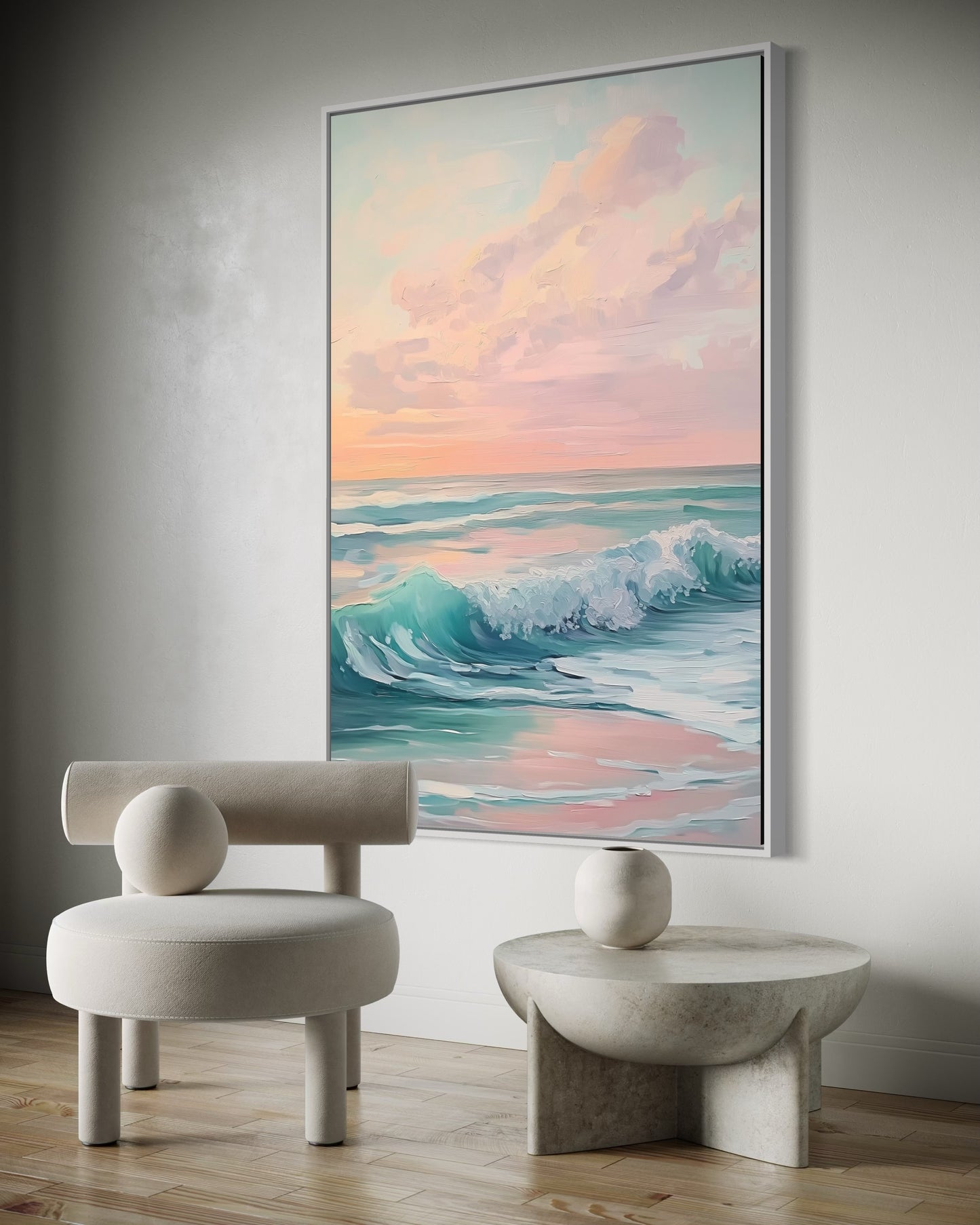 Golden Sunset Over Waves - Serene Ocean Painting with Soft Hues