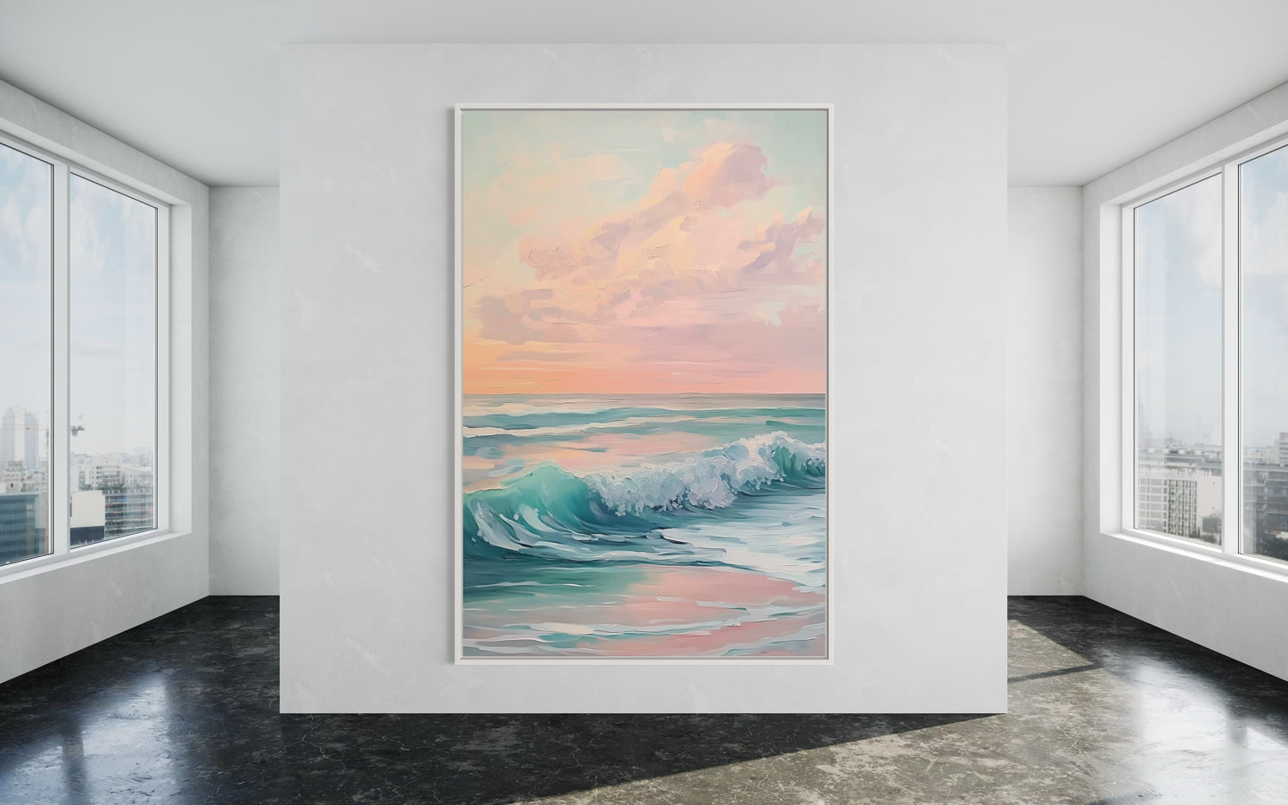 Golden Sunset Over Waves - Serene Ocean Painting with Soft Hues