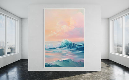 Pink Skies and Ocean Waves - Dreamy Coastal Oil Painting