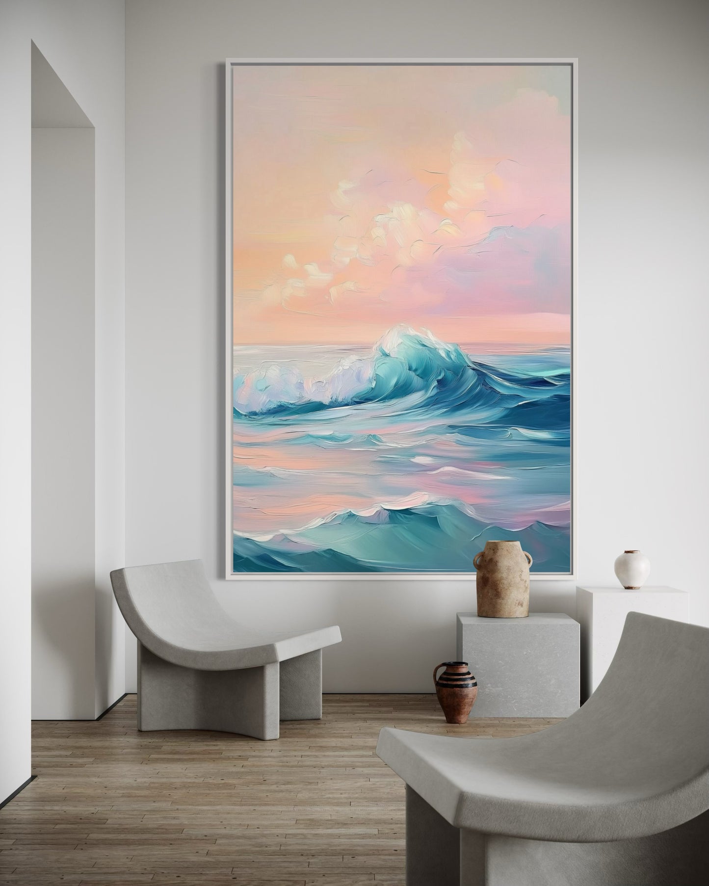 Pink Skies and Ocean Waves - Dreamy Coastal Oil Painting