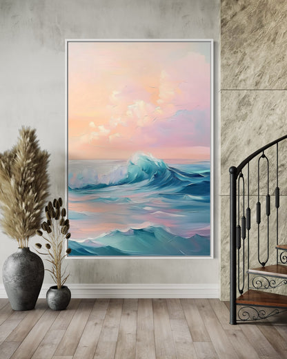 Pink Skies and Ocean Waves - Dreamy Coastal Oil Painting