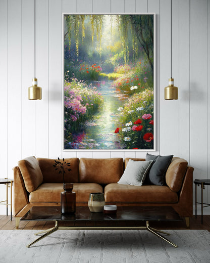 Whispers of a Dreamy Stream: Romantic Water Garden Oil Painting