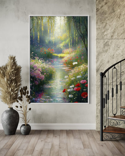 Whispers of a Dreamy Stream: Romantic Water Garden Oil Painting