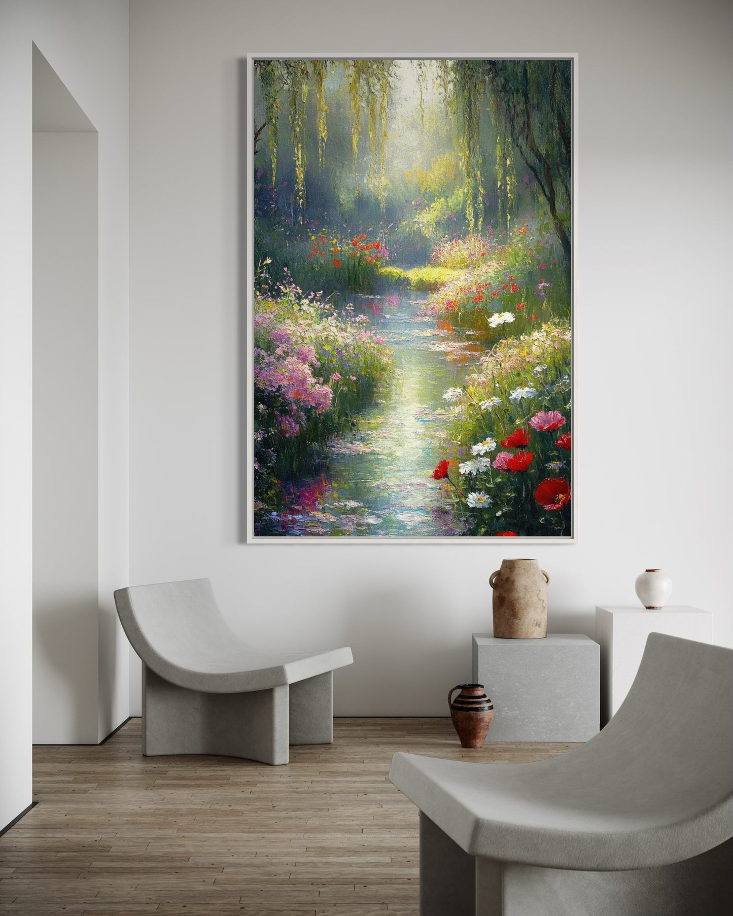 Whispers of a Dreamy Stream: Romantic Water Garden Oil Painting