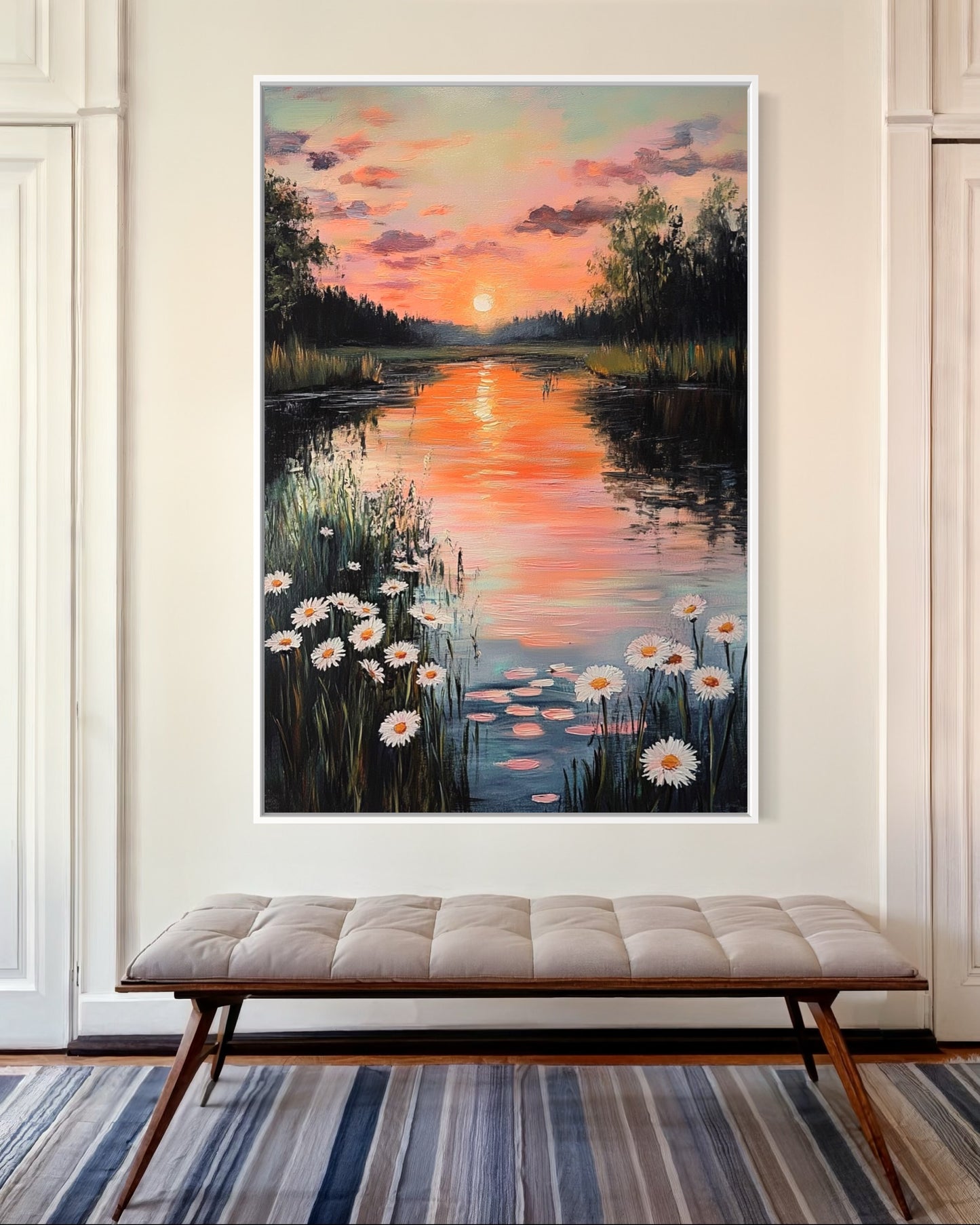 Evening Glow by the River: Tranquil Sunset Landscape Painting