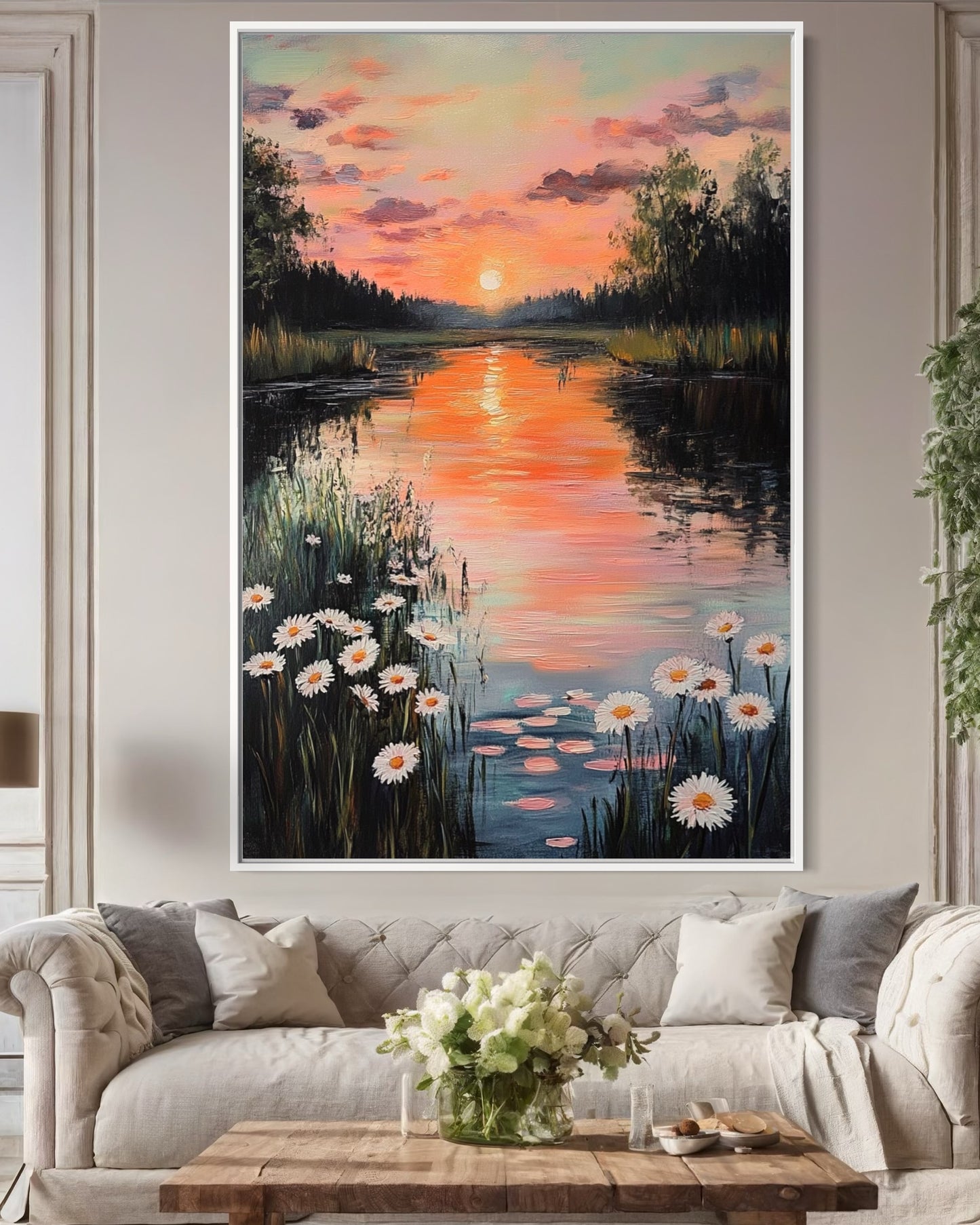 Evening Glow by the River: Tranquil Sunset Landscape Painting