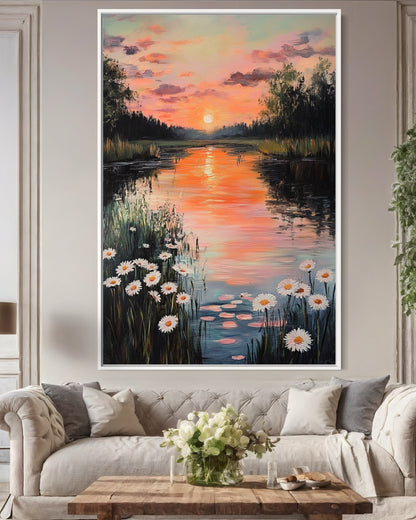 Evening Glow by the River: Tranquil Sunset Landscape Painting