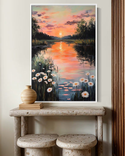 Evening Glow by the River: Tranquil Sunset Landscape Painting