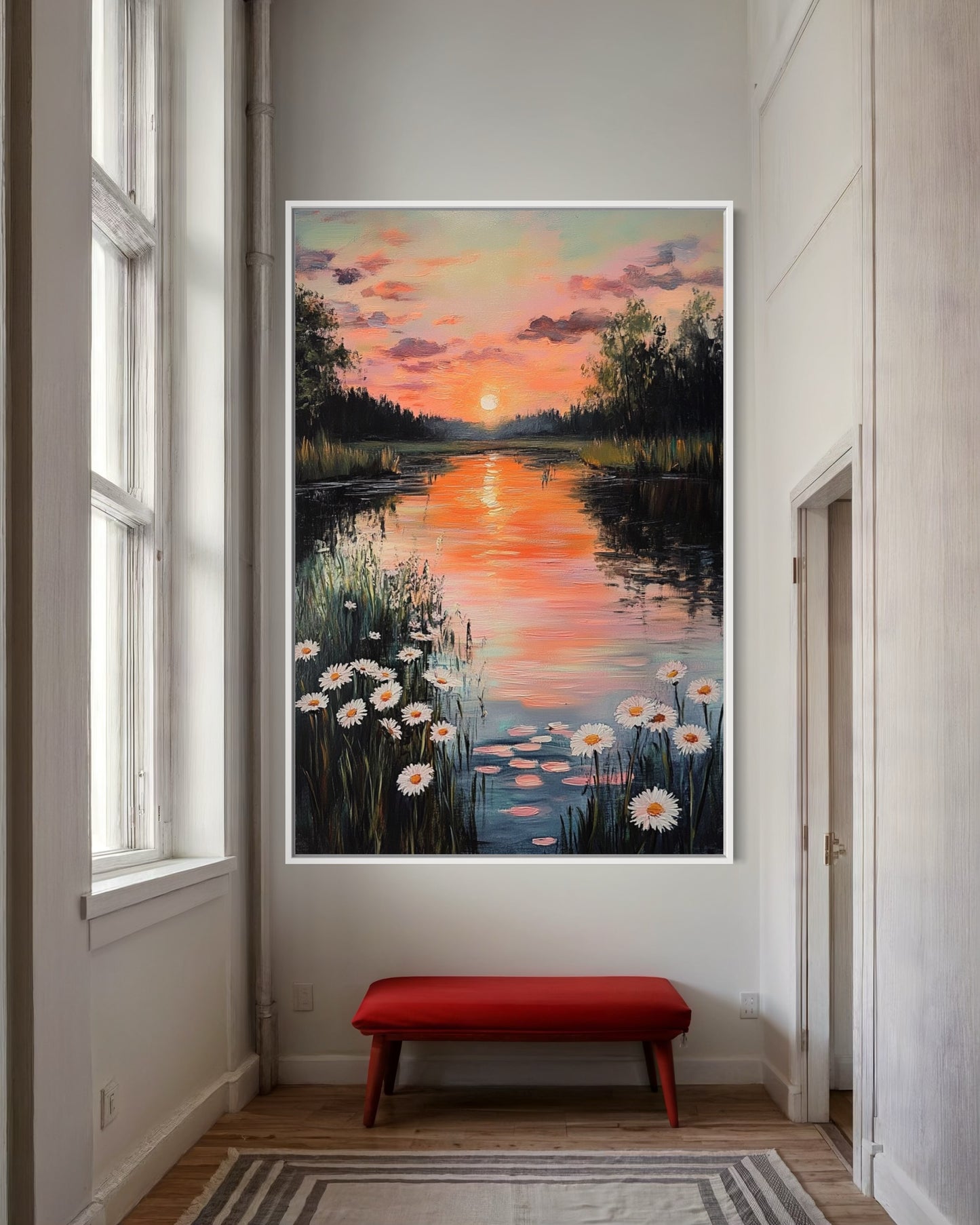 Evening Glow by the River: Tranquil Sunset Landscape Painting