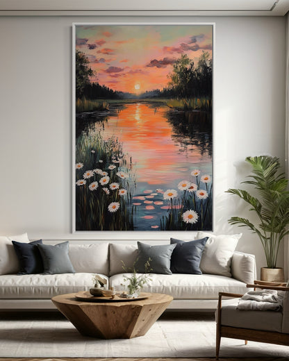 Evening Glow by the River: Tranquil Sunset Landscape Painting