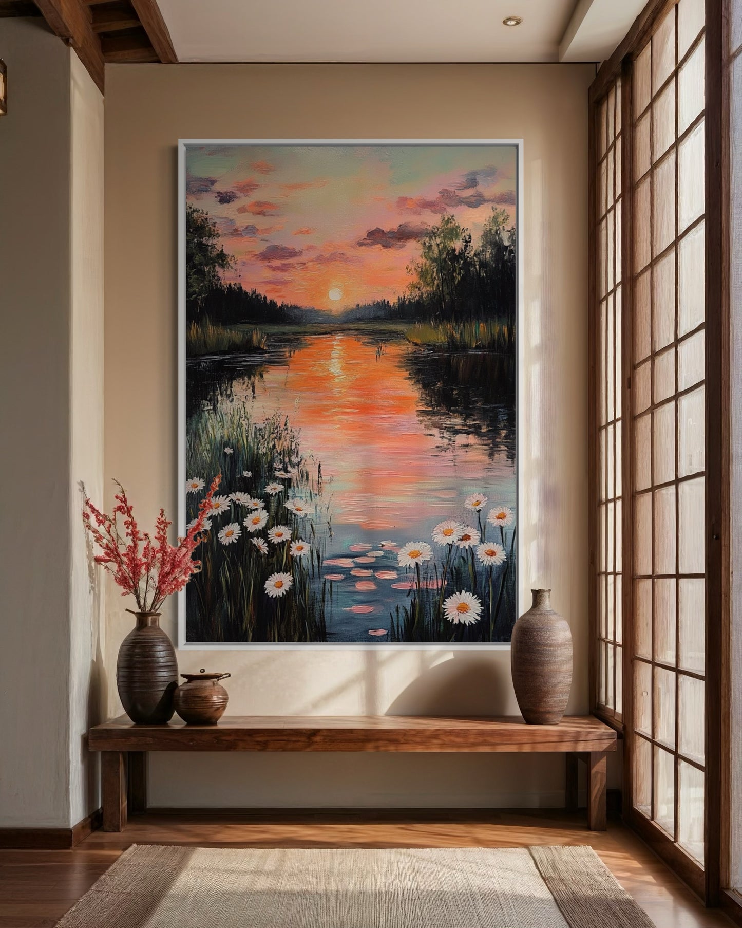 Evening Glow by the River: Tranquil Sunset Landscape Painting