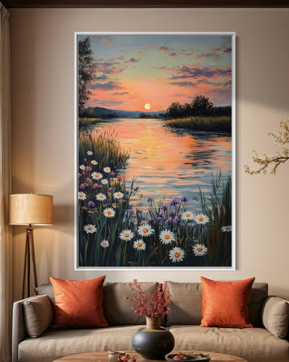 Whispers of Sunset: Serene River at Dusk Oil Painting