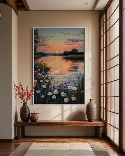 Whispers of Sunset: Serene River at Dusk Oil Painting