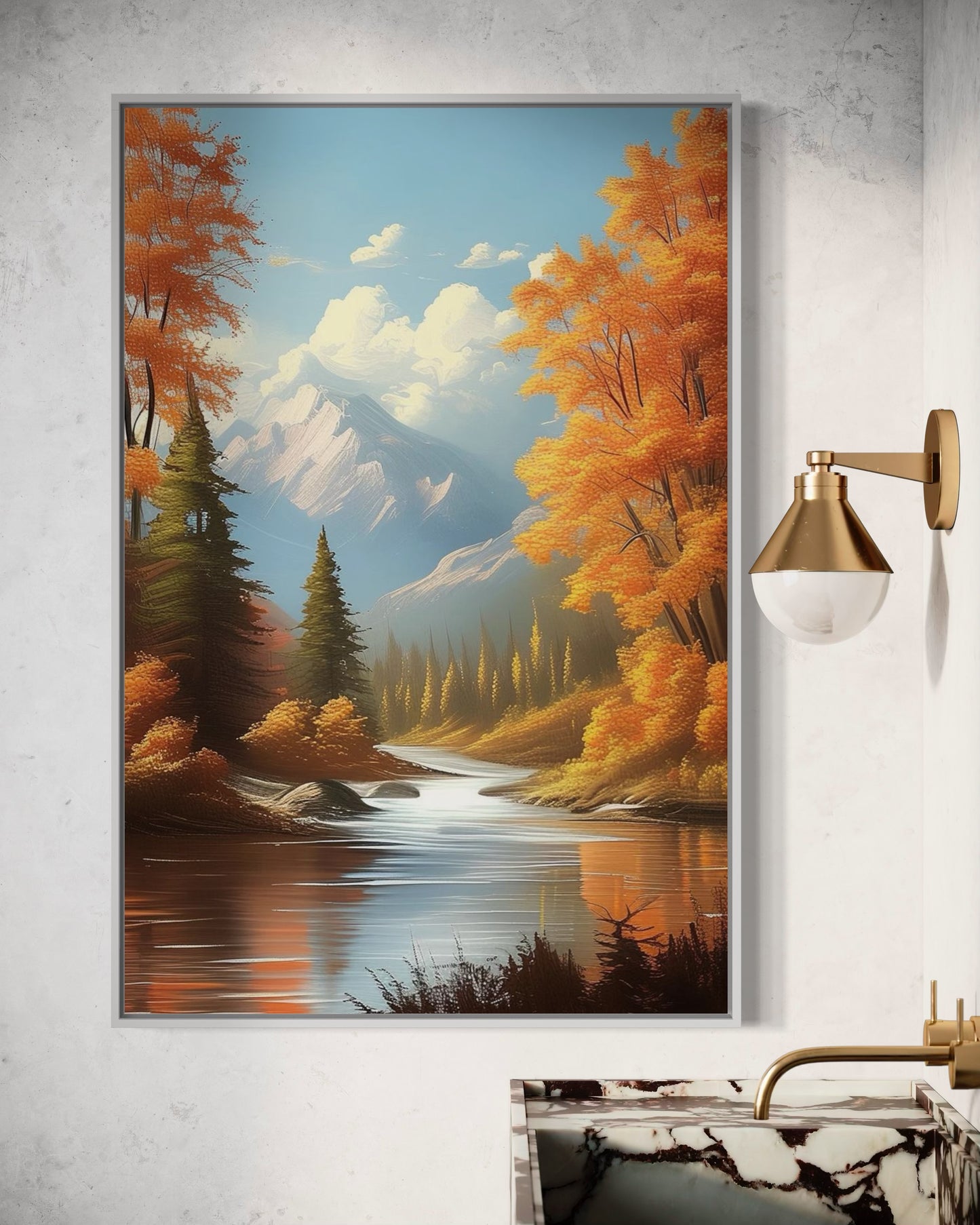 Mountain River in Fall – Vibrant Autumn Oil Painting