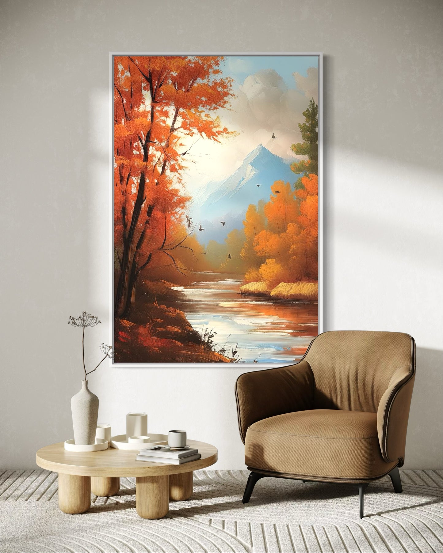 Tranquil Autumn River with Birds – Original Nature Oil Painting