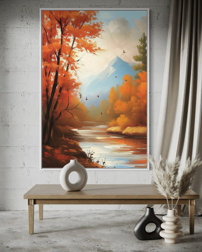 Tranquil Autumn River with Birds – Original Nature Oil Painting