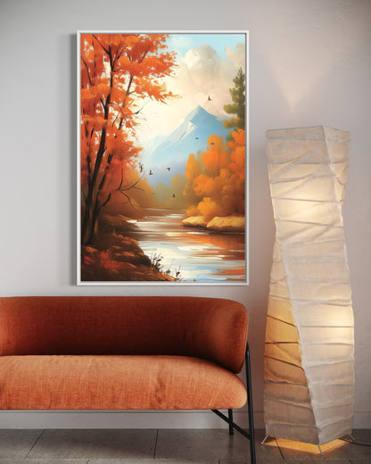 Tranquil Autumn River with Birds – Original Nature Oil Painting