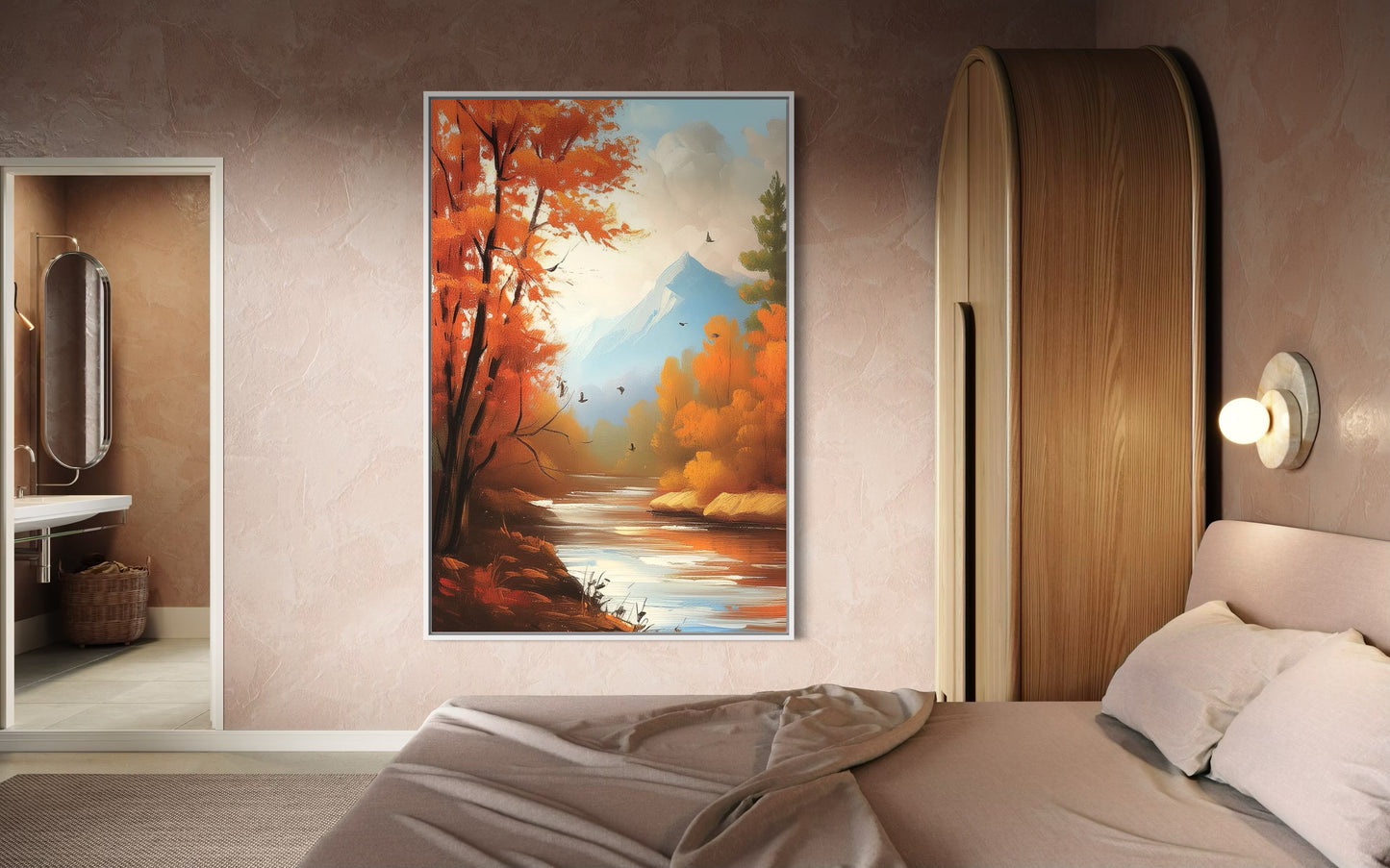 Tranquil Autumn River with Birds – Original Nature Oil Painting