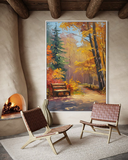 Cozy Forest Bench in Autumn – Hand-Painted Fall Scene