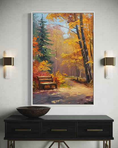 Cozy Forest Bench in Autumn – Hand-Painted Fall Scene