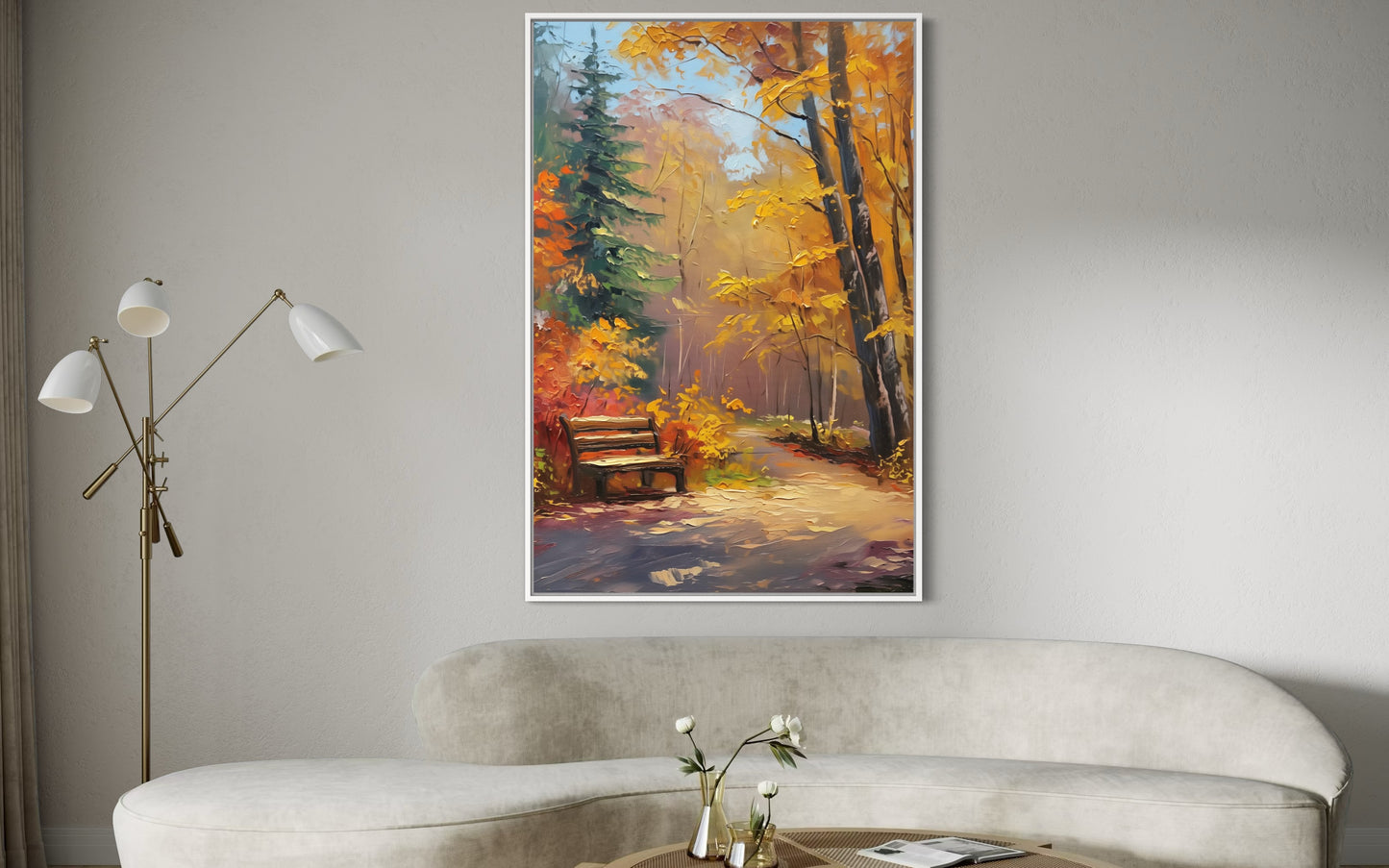 Cozy Forest Bench in Autumn – Hand-Painted Fall Scene