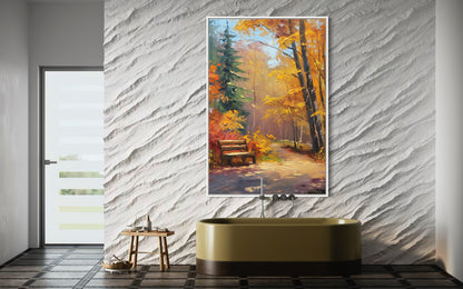 Cozy Forest Bench in Autumn – Hand-Painted Fall Scene