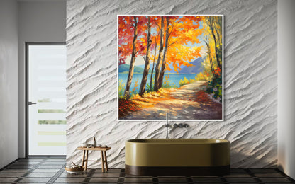 Autumn Lake Path Oil Painting – Scenic Fall Landscape Artwork