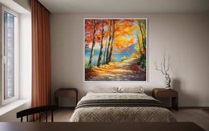 Autumn Lake Path Oil Painting – Scenic Fall Landscape Artwork