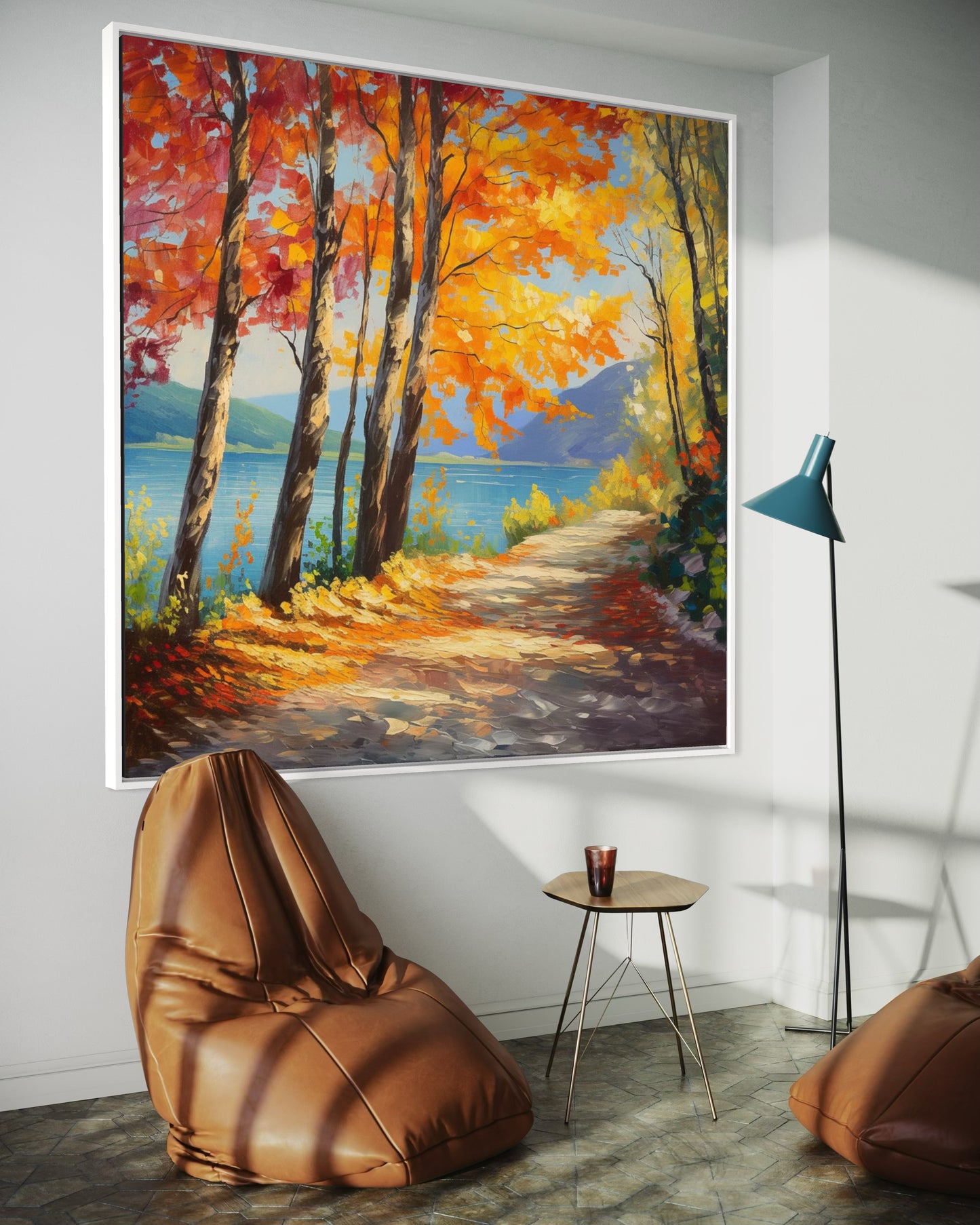 Autumn Lake Path Oil Painting – Scenic Fall Landscape Artwork