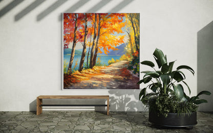 Autumn Lake Path Oil Painting – Scenic Fall Landscape Artwork