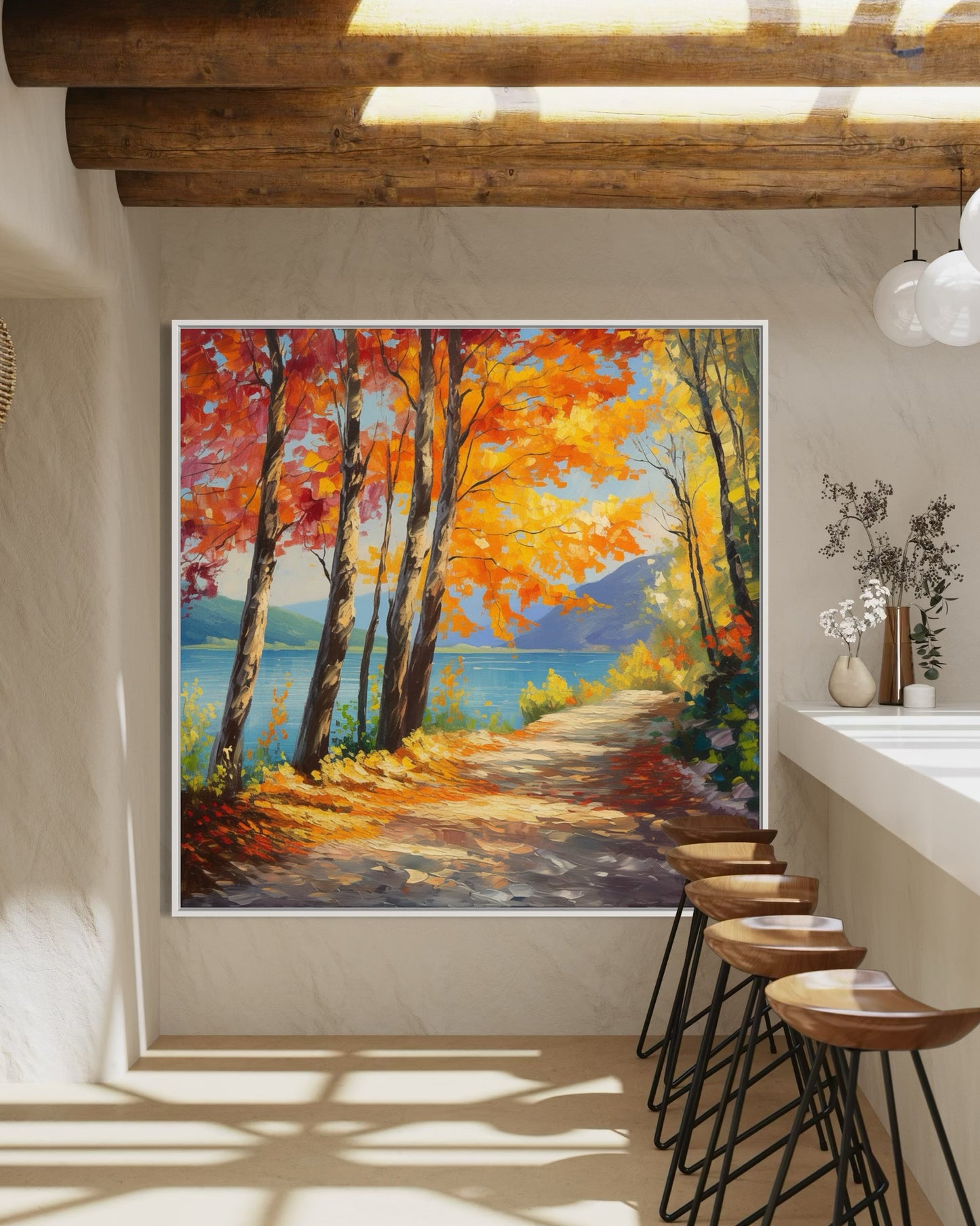 Autumn Lake Path Oil Painting – Scenic Fall Landscape Artwork